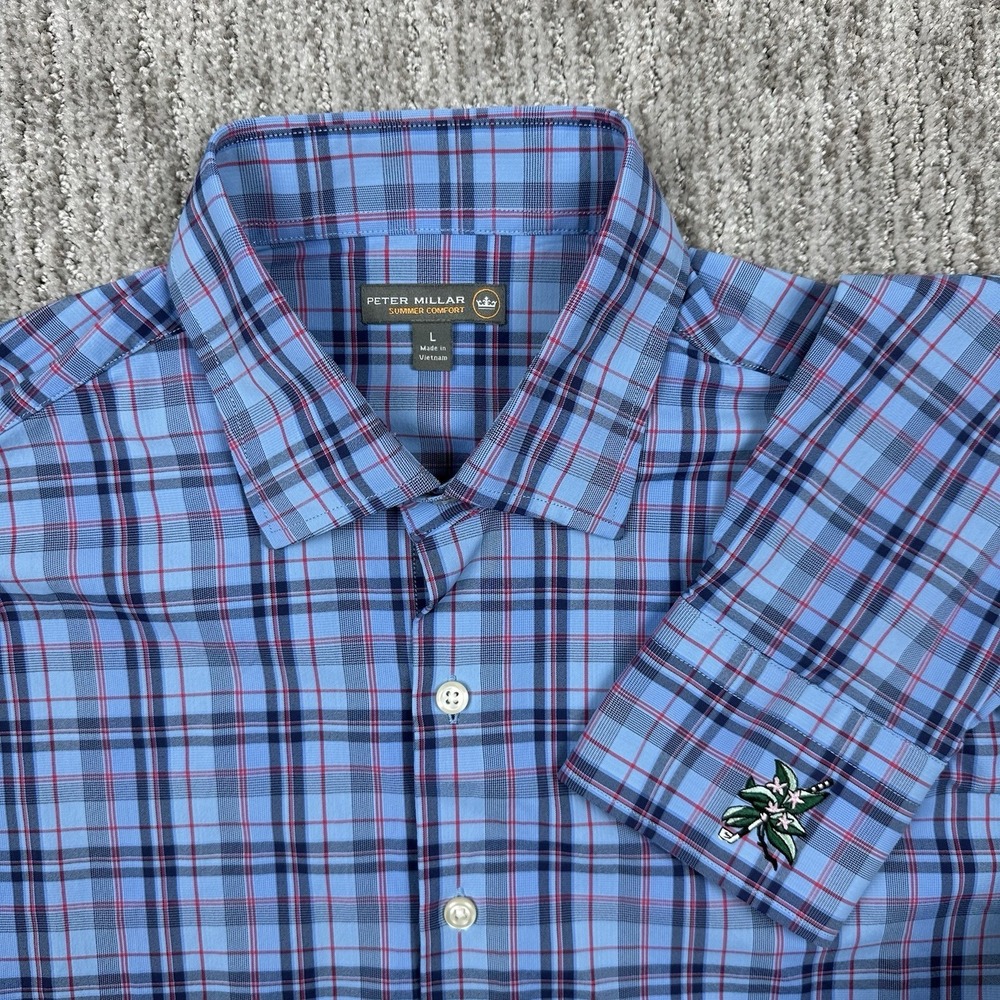 Peter Millar Button Down Mens L Blue Red Summer Comfort Performance Check Shirt